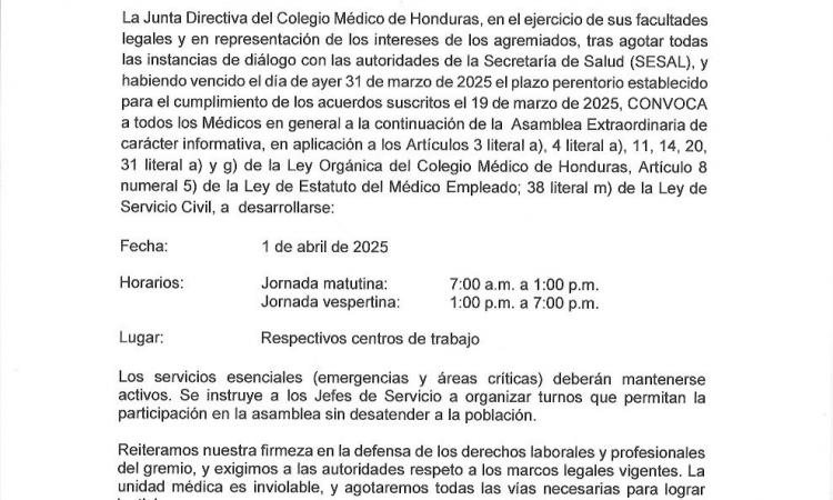 CONVOCATORIA ASAMBLEA EXTRAORDINARIA INFORMATIVA POR EL INCUMPLIMIENTO POR PARTE DE LA SECRETARIA DE SALUD