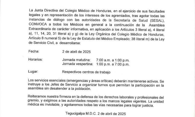 CONVOCATORIA ASAMBLEA EXTRAORDINARIA INFORMATIVA POR EL INCUMPLIMIENTO POR PARTE DE LA SECRETARIA DE SALUD - FECHA: 2 DE ABRIL DE 2025