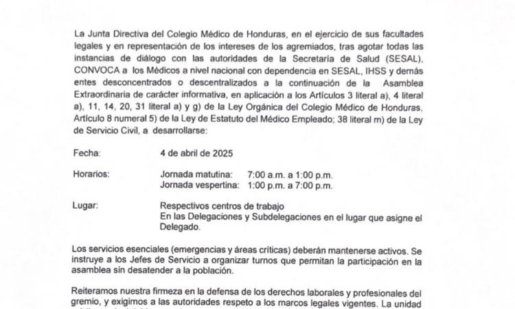 CONVOCATORIA ASAMBLEA EXTRAORDINARIA INFORMATIVA POR EL INCUMPLIMIENTO POR PARTE DE LA SECRETARIA DE SALUD - FECHA: 4 DE ABRIL DEL 2025