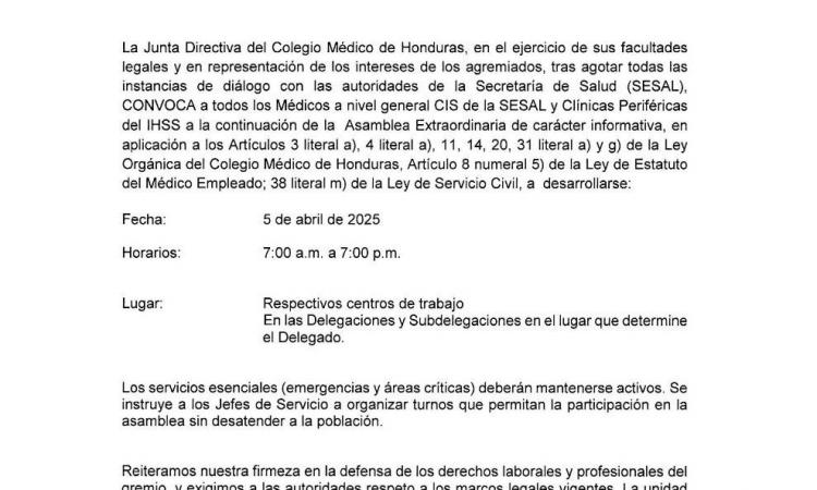 CONVOCATORIA ASAMBLEA EXTRAORDINARIA INFORMATIVA POR EL INCUMPLIMIENTO POR PARTE DE LA SECRETARIA DE SALUD - FECHA: 5 DE ABRIL DEL 2025