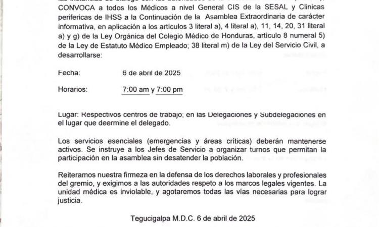 CONVOCATORIA ASAMBLEA EXTRAORDINARIA INFORMATIVA POR EL INCUMPLIMIENTO POR PARTE DE LA SECRETARIA DE SALUD - FECHA: 6 DE ABRIL DEL 2025