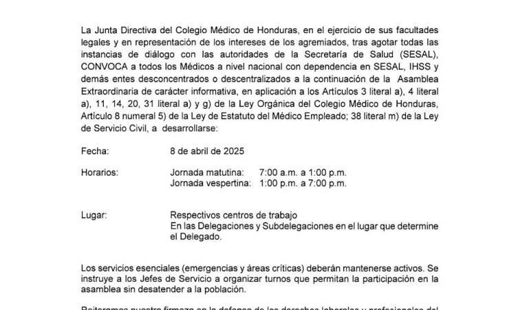CONVOCATORIA ASAMBLEA EXTRAORDINARIA INFORMATIVA POR EL INCUMPLIMIENTO POR PARTE DE LA SECRETARIA DE SALUD - FECHA: 8 DE ABRIL DEL 2025