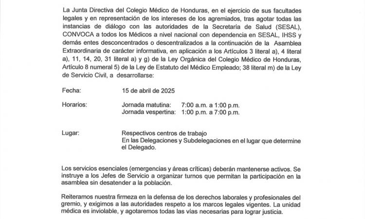 CONVOCATORIA A CONTINUACIÓN DE ASAMBLEA EXTRAORDINARIA INFORMATIVA POR EL INCUMPLIMIENTO POR PARTE DE LA SECRETARÍA DE SALUD